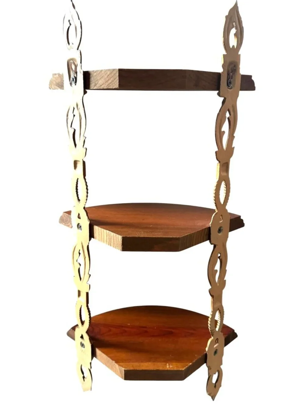 Vintage Sexton 3 Tier Wooden Wall Corner Shelf With Ornate Metal Brackets